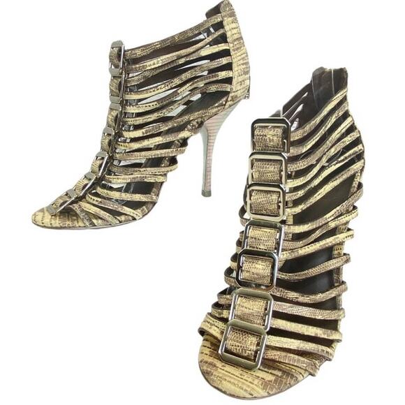 Tory Burch Strappy Peep Toe Heels Size 6.5 Animal Print Buckles Designer Shoes - Picture 1 of 12